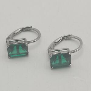 HOU 925 Sterling Silver Rectangular Green Rhinestone Leverback Dangle Earrings